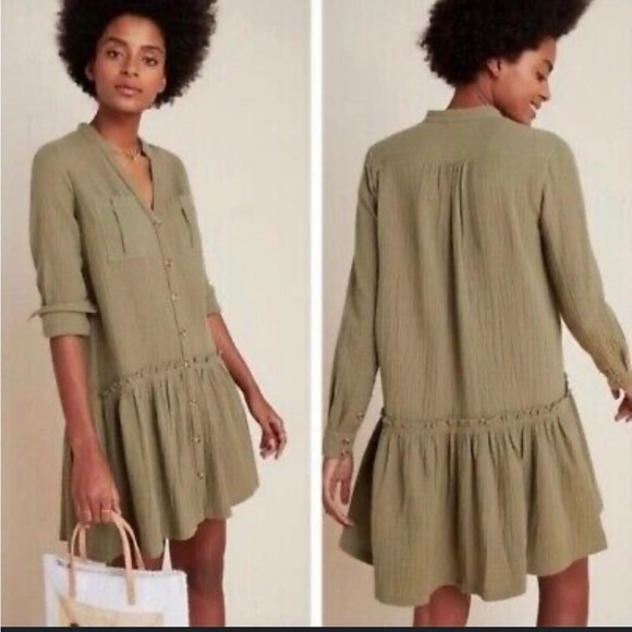 Anthropologie Dresses & Skirts - Anthropologie Maeve Katie texturized Gauze Utility Drop Waist dress green sz 14